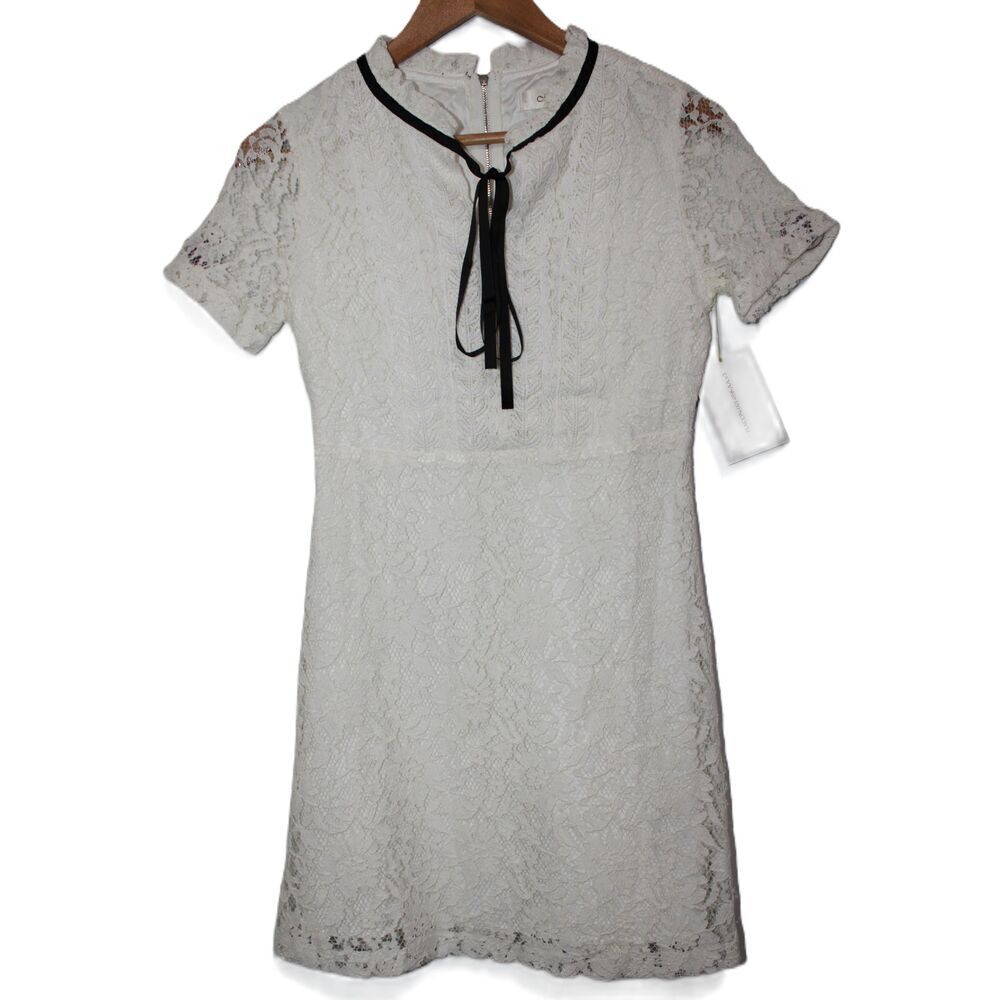 NWOT Womens Mrs White Black Lace Short Sleeve Ribbon Tie Midi Dress Size Medium